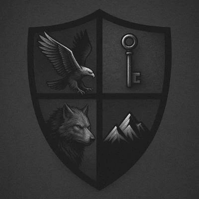 The Godfather crest: eagle, key, wolf and mountain quartered on a shield